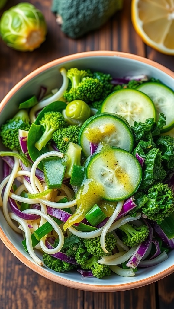A vibrant salad with Brussels sprouts, broccoli, kale, cabbage, and cucumber drizzled with lemon ginger dressing, on a rustic wooden table.